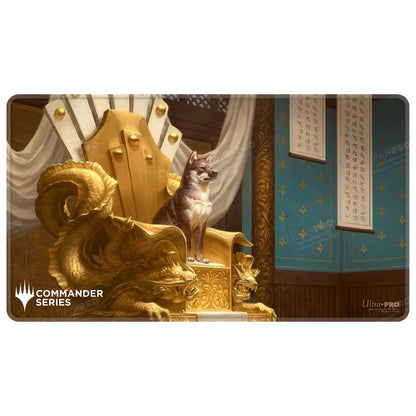 A gold dragon-themed throne playmat featuring Yoshimaru, Ever Faithful. Brand: Ultra PRO, Item: Commander Series #8 Yoshimaru, Ever Faithful Stitched Playmat for Magic: The Gathering