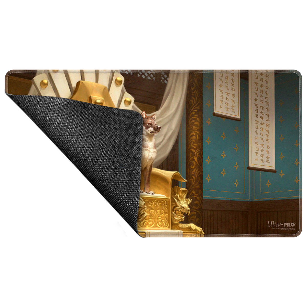 A rectangular playmat featuring Yoshimaru, Ever Faithful on a golden throne, with a dark grey textured underside. Brand: Ultra-Pro, Item: Commander Series #8 Yoshimaru, Ever Faithful Stitched Playmat for Magic: The Gathering.
