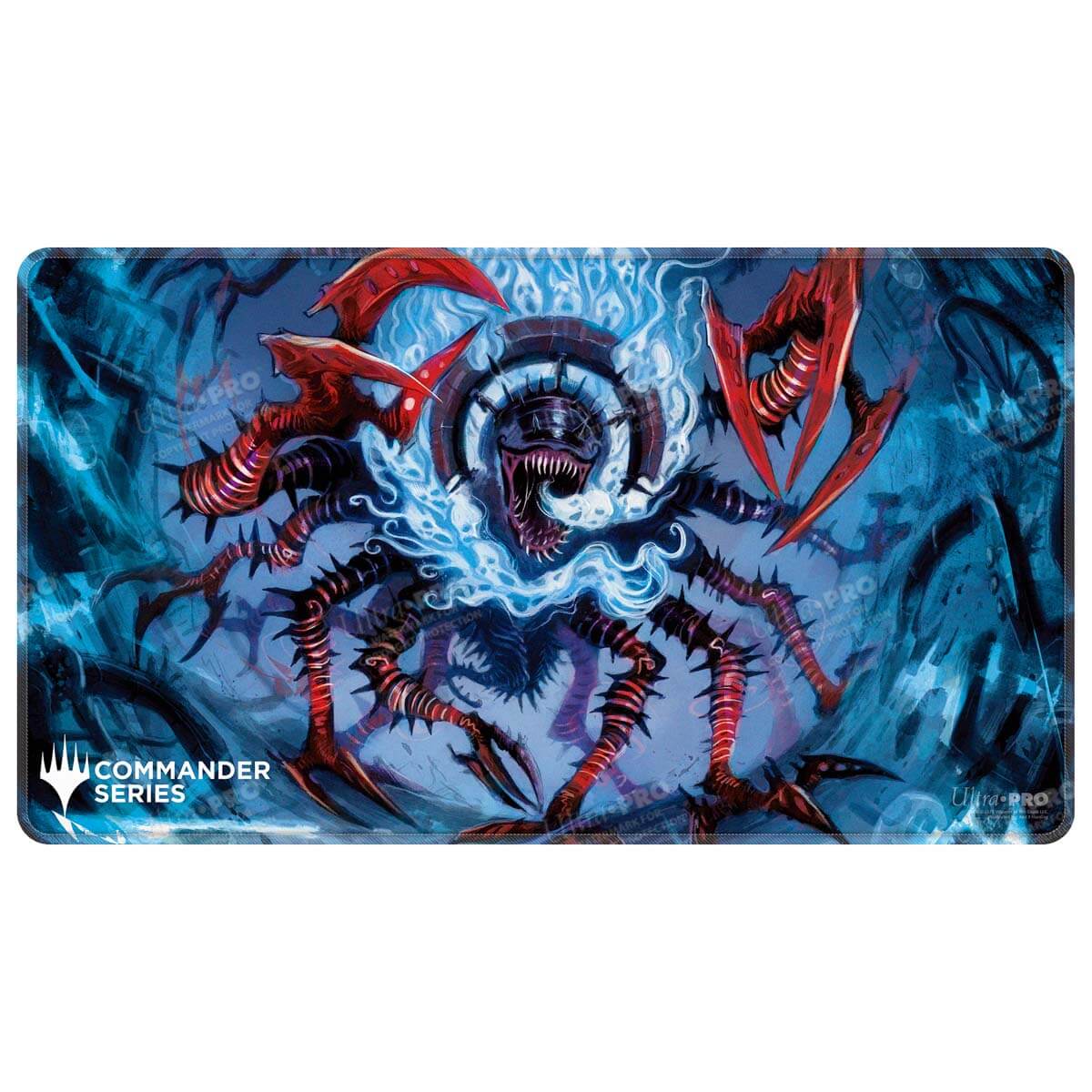 A blue and red The Mindskinner playmat from Ultra PRO's Commander Series for Magic: The Gathering.