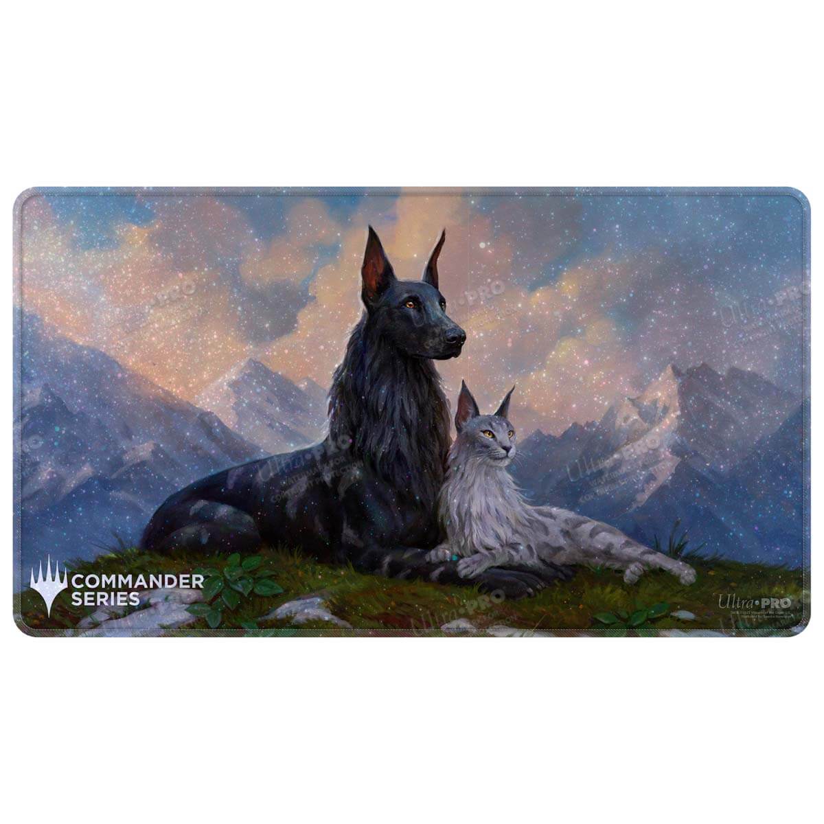 A dark wolf and a grey lynx sitting on a grassy hill under a starry sky. Commander Series #8 Rin and Seri, Inseparable HOLOFOIL® Playmat for Magic: The Gathering. Brand: Ultra PRO, Item: Rin and Seri, Inseparable Playmat.