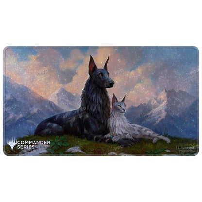 A dark wolf and a grey lynx sitting on a grassy hill under a starry sky. Commander Series #8 Rin and Seri, Inseparable HOLOFOIL® Playmat for Magic: The Gathering. Brand: Ultra PRO, Item: Rin and Seri, Inseparable Playmat.