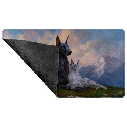 A black dog and a grey cat sitting in front of a starry mountain landscape. Brand: Ultra PRO, Item: Commander Series #8 Rin and Seri, Inseparable HOLOFOIL® Playmat for Magic: The Gathering