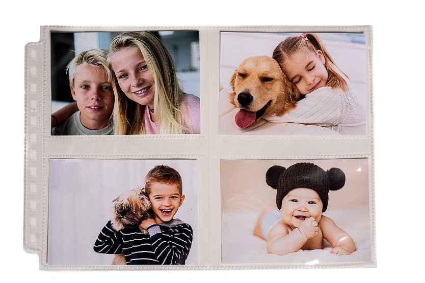 A white 12-Hole Horizontal Photo Pages (25ct) for 3.5" x 4.5" Prints. Brand: Ultra PRO, Item: 12-Hole Horizontal Photo Pages (25ct) for 3.5" x 4.5" Prints.