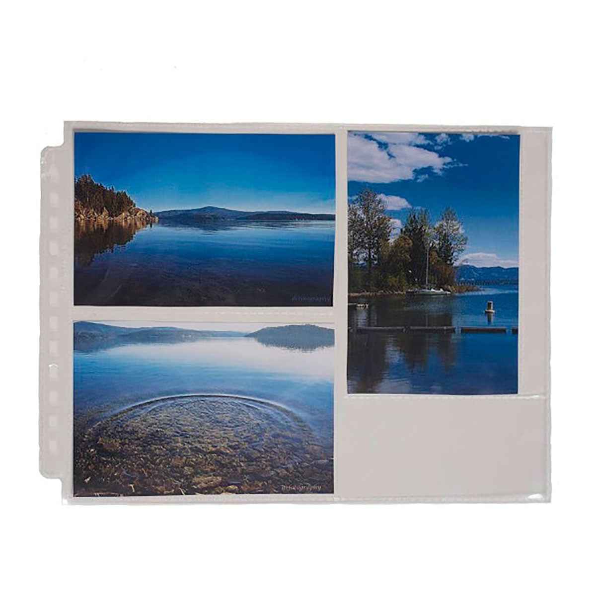 A clear plastic 12-hole horizontal photo page protector. Brand: Ultra PRO, Item: 12-Hole Horizontal Photo Pages (25ct) for 4" x 6" Prints.