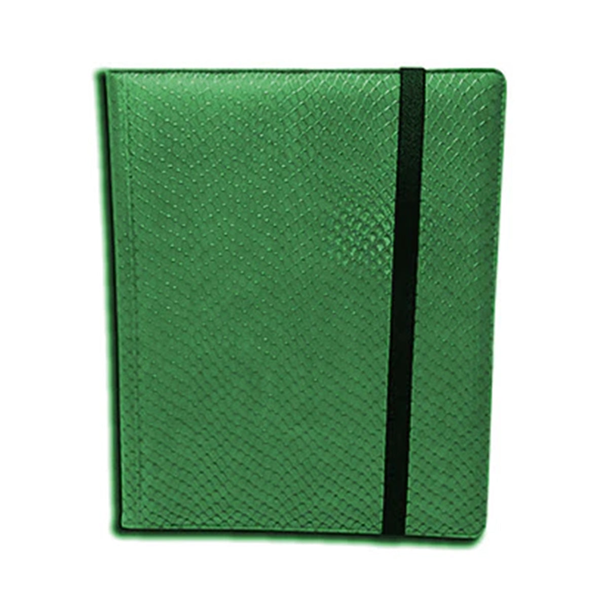 A green Dragon Hide 9-pocket binder. Brand: Legion Supplies, Item: 9 Pocket Dragon Hide Green Binder.