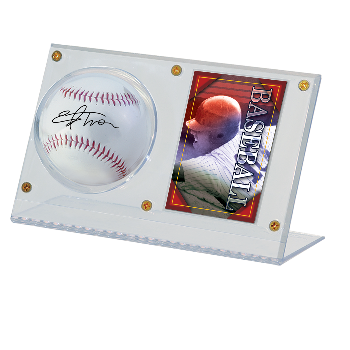 A clear acrylic display holder for a baseball and trading card. Brand: Ultra PRO, Item: Baseball & Card Clear Display Holder.
