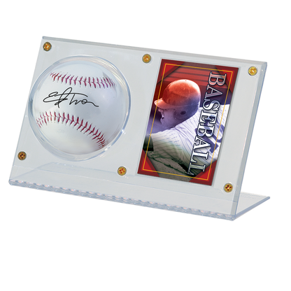 A clear acrylic display holder for a baseball and trading card. Brand: Ultra PRO, Item: Baseball & Card Clear Display Holder.