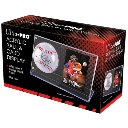 A clear acrylic baseball and card display holder. Brand: Ultra-PRO, Item: Baseball & Card Clear Display Holder.