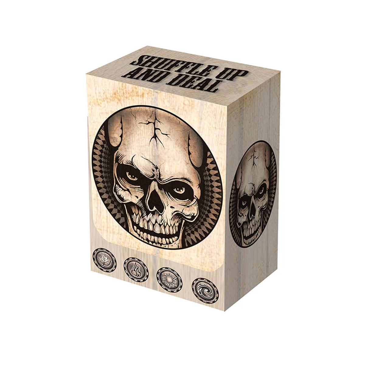 A wooden-style deck box with a skull graphic and "Shuffle Up and Deal" text. Brand: Legion Supplies, Item: Dead Man's Hand Card Box.