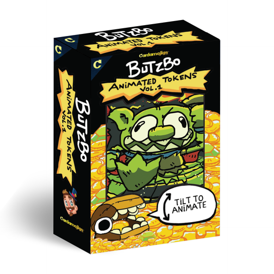 A sealed Cardamajigs Butzbo Animated Tokens Vol. 1 box featuring a goblin character surrounded by gold coins. Publisher: Hit Point Press, Game: Magic: the Gathering, Set: Butzbo Animated Tokens Vol. 1 (BTA01)