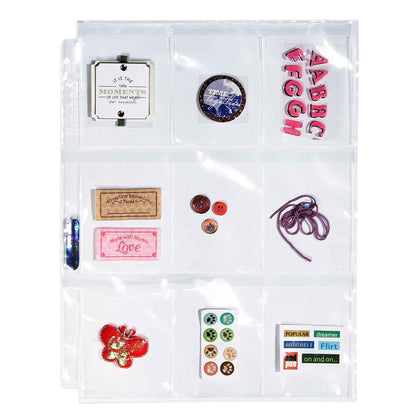 A clear plastic 9-pocket page protector with various collectible items including buttons, stickers, and letters. Brand: Ultra PRO, Item: 9-Pocket Storage Pages (25ct) with Secure Flap.