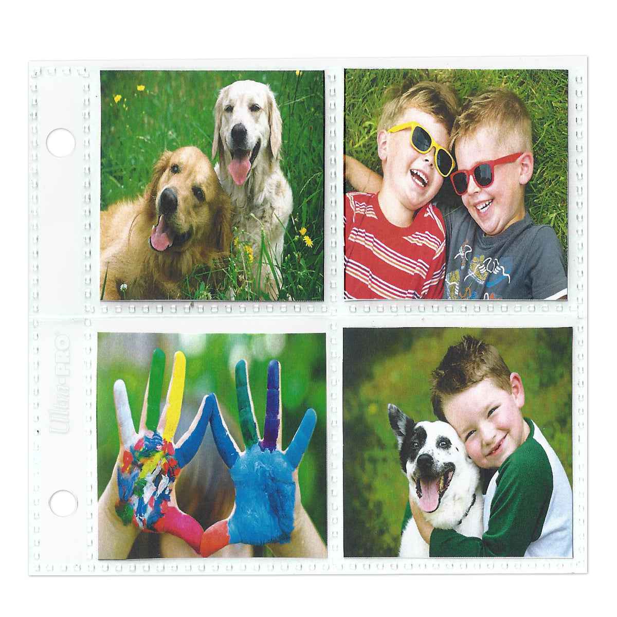 A clear plastic 2-hole assorted photo page protector. Brand: Ultra PRO, Item: 2-Hole Assorted Photo Pages (20ct) for 2" x 2" & 4" x 4" Prints.