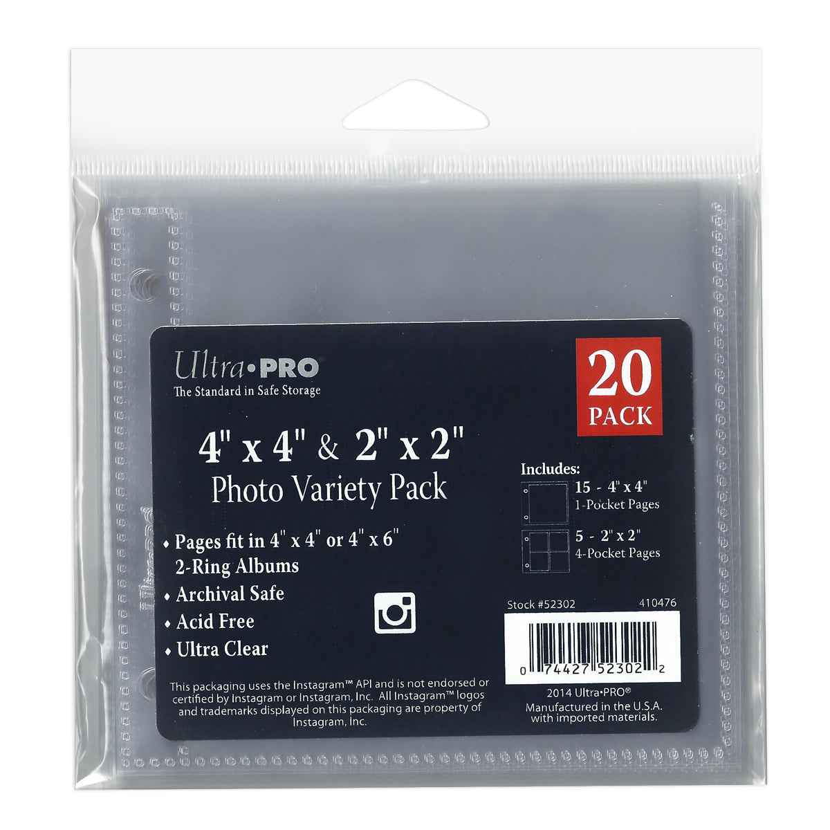 A clear plastic photo variety pack. Brand: Ultra-PRO, Item: 4" x 4" & 2" x 2" Photo Variety Pack (20 Count)