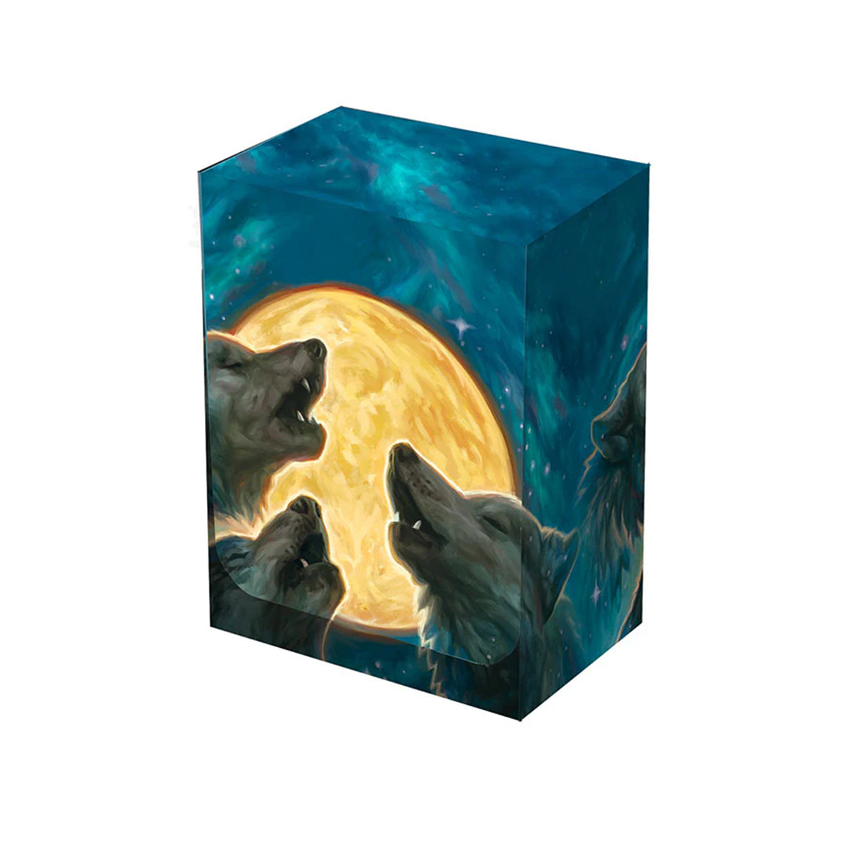 A dark blue and teal deck box featuring four wolves howling at a large yellow moon under a starry night sky. Brand: Legion Supplies, Item: 3 Wolf Moon Card Box.