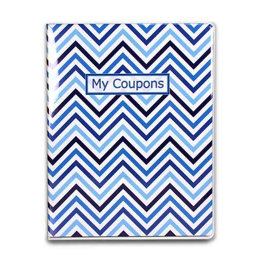 A blue chevron patterned 4-pocket coupon organizer portfolio. Brand: Ultra PRO, Item: 4-Pocket Chevron Blue Coupon Organizer Portfolio.