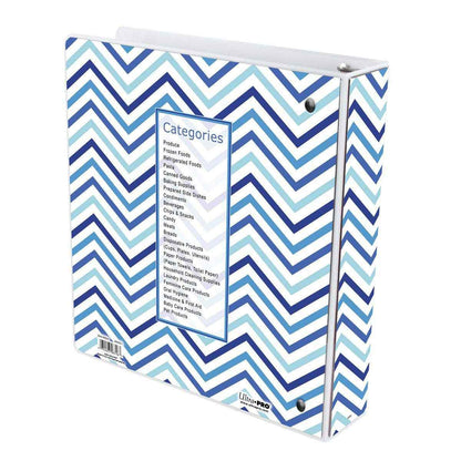 A blue and white chevron 3-ring coupon organizer.