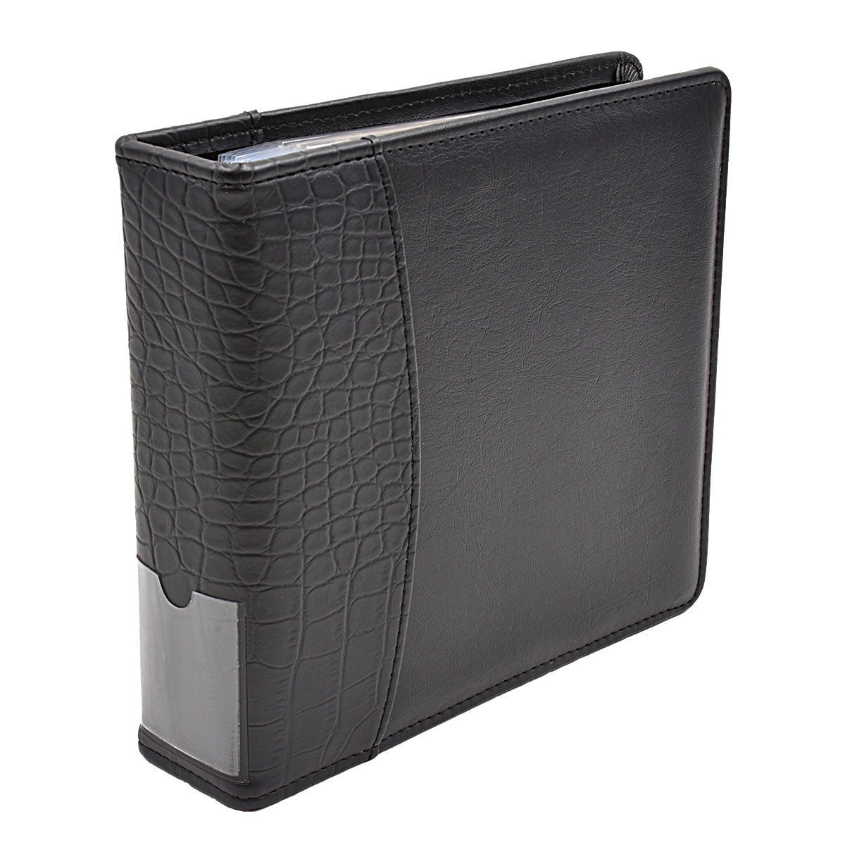 A black faux-crocodile textured 2-ring mini album. Brand: Ultra PRO, Item: 2-Ring Mini Album with Pages for 4" x 6" Prints.