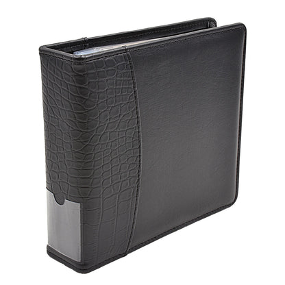 A black faux-crocodile textured 2-ring mini album. Brand: Ultra PRO, Item: 2-Ring Mini Album with Pages for 4" x 6" Prints.