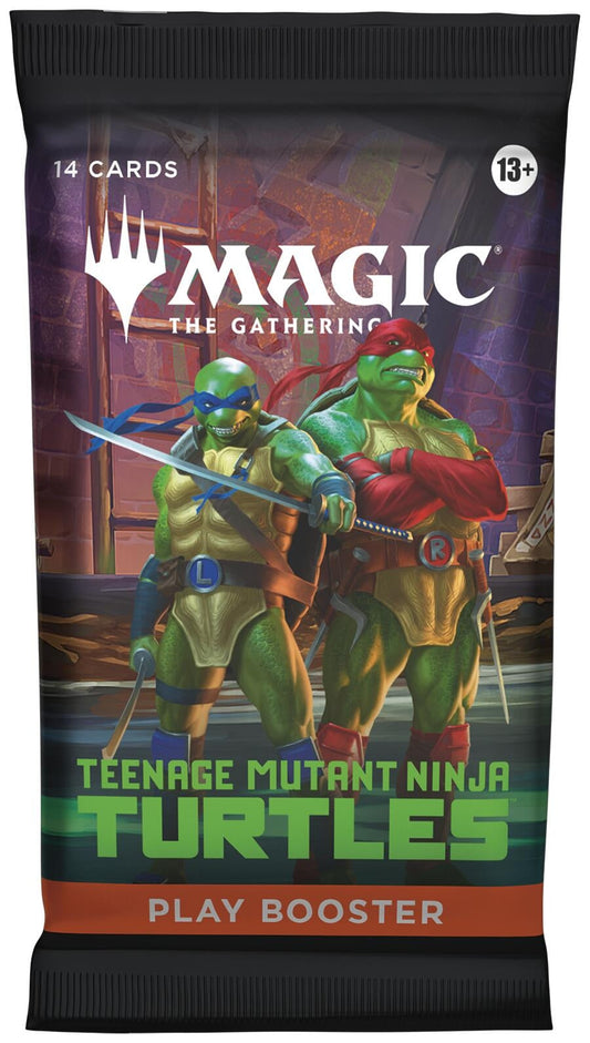 A sealed Magic: The Gathering Teenage Mutant Ninja Turtles Play Booster Pack featuring Leonardo and Raphael. Publisher: Magic: The Gathering, Game: Magic: The Gathering, Set: Teenage Mutant Ninja Turtles (TMNT)