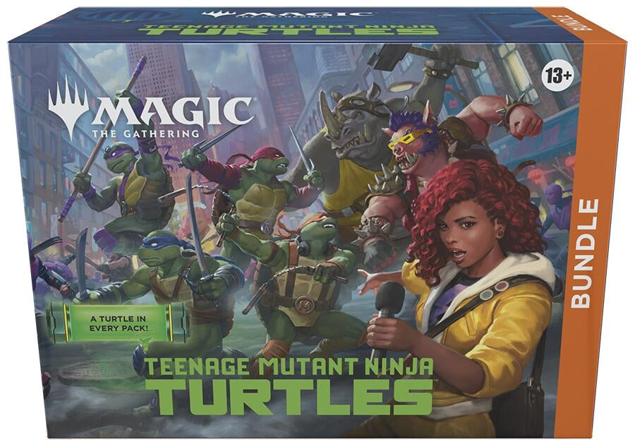 A sealed Magic: The Gathering Teenage Mutant Ninja Turtles Bundle box featuring the Turtles and allies in a city setting. Publisher: Magic: The Gathering, Game: Magic: The Gathering, Set: Teenage Mutant Ninja Turtles (TMNT)