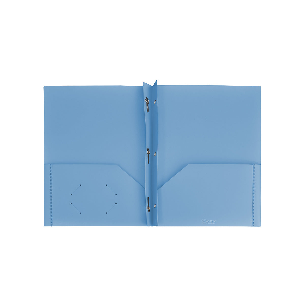 A light blue 2-pocket folder with a 3-prong fastener and clear front pocket.