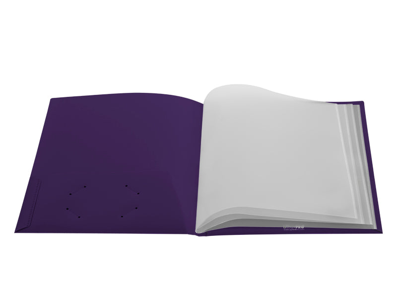 A purple 2-pocket folder with clear outside pockets and 4 pages. Brand: Ultra PRO, Item: 2-Pocket Folders (10ct) with Clear Outside Pockets and 4 Pages