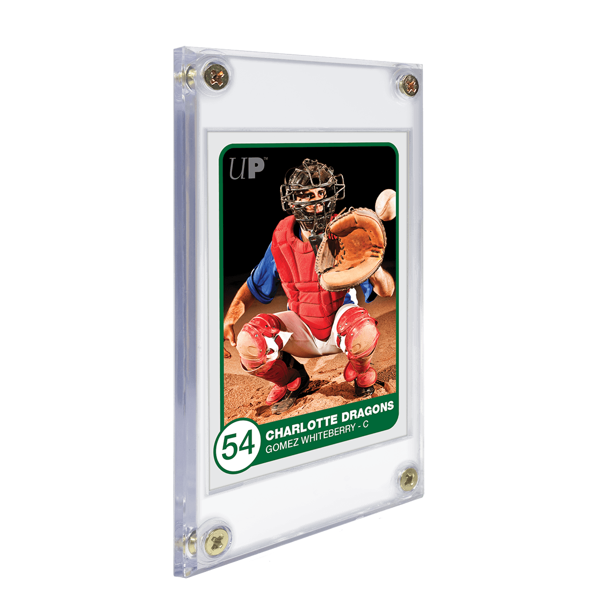 A clear 1/4" 4-Screw Screwdown Recessed Holder for trading cards. Brand: Ultra PRO, Item: 1/4" 4-Screw Screwdown Recessed Holder.