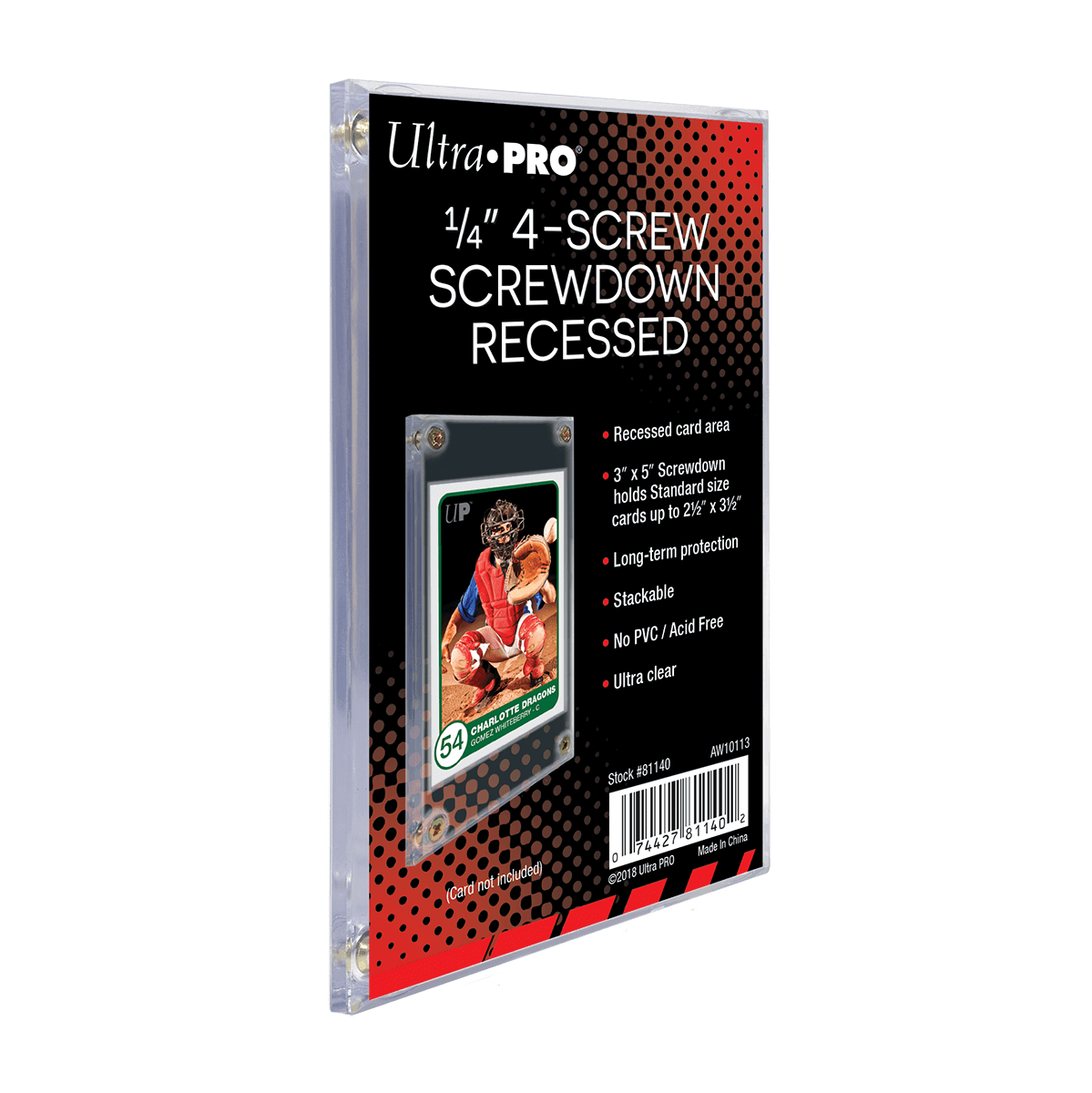 A clear 1/4" 4-Screw Screwdown Recessed Card Holder. Brand: Ultra PRO, Item: 1/4" 4-Screw Screwdown Recessed Holder