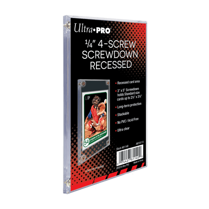 A clear 1/4" 4-Screw Screwdown Recessed Card Holder. Brand: Ultra PRO, Item: 1/4" 4-Screw Screwdown Recessed Holder