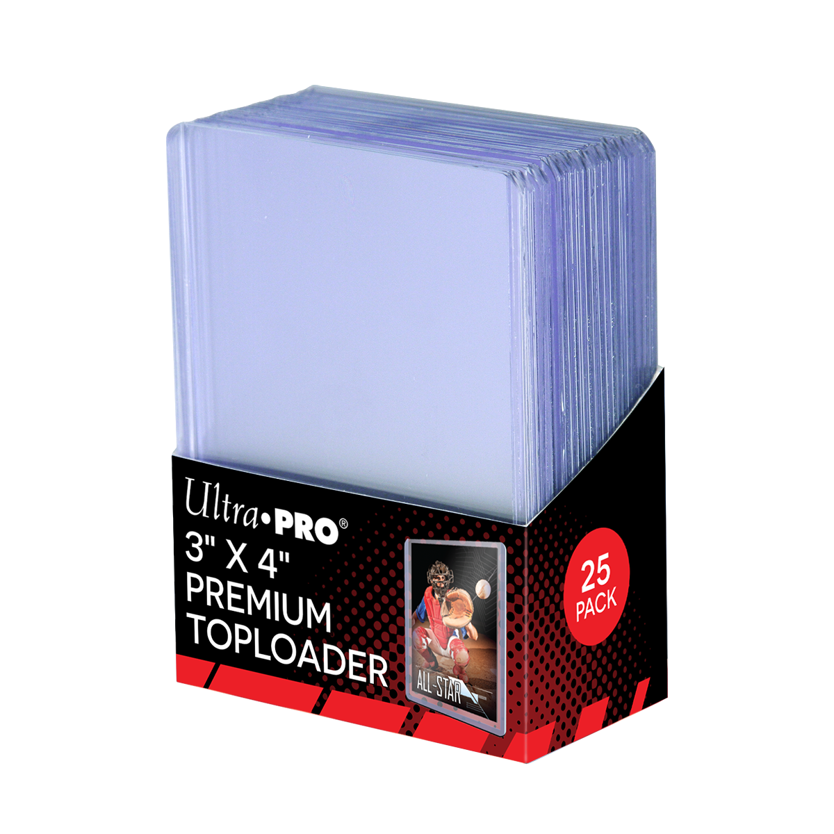 A stack of clear Ultra PRO 3" x 4" Premium Toploader Sleeves (25ct).