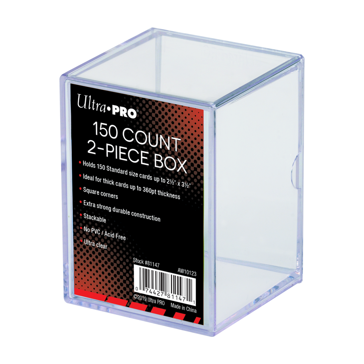A clear 2-piece 150 card storage box. Brand: Ultra PRO, Item: 150 Count 2-Piece Box.