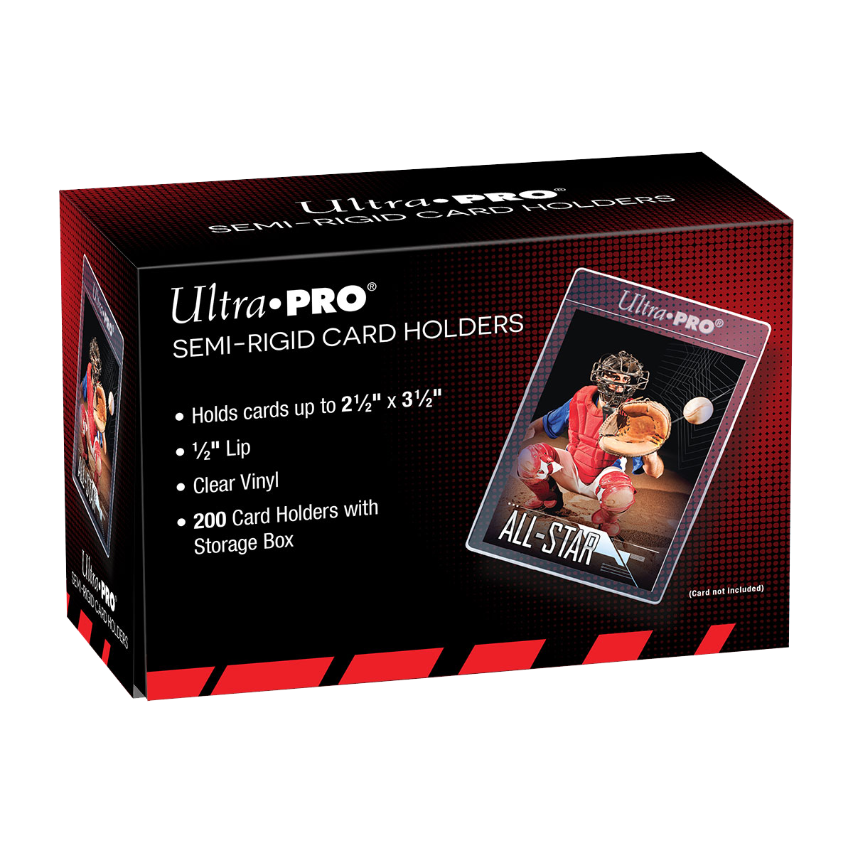 A black and red Ultra PRO Semi-Rigid Card Holders box with a baseball catcher card displayed. Brand: Ultra PRO, Item: 1/2" Lip Semi-Rigid Card Holders (200ct) for Standard Size Cards
