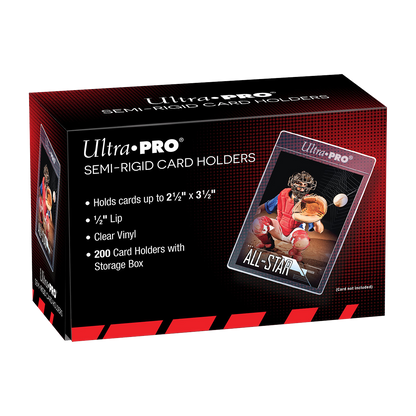 A black and red Ultra PRO Semi-Rigid Card Holders box with a baseball catcher card displayed. Brand: Ultra PRO, Item: 1/2" Lip Semi-Rigid Card Holders (200ct) for Standard Size Cards