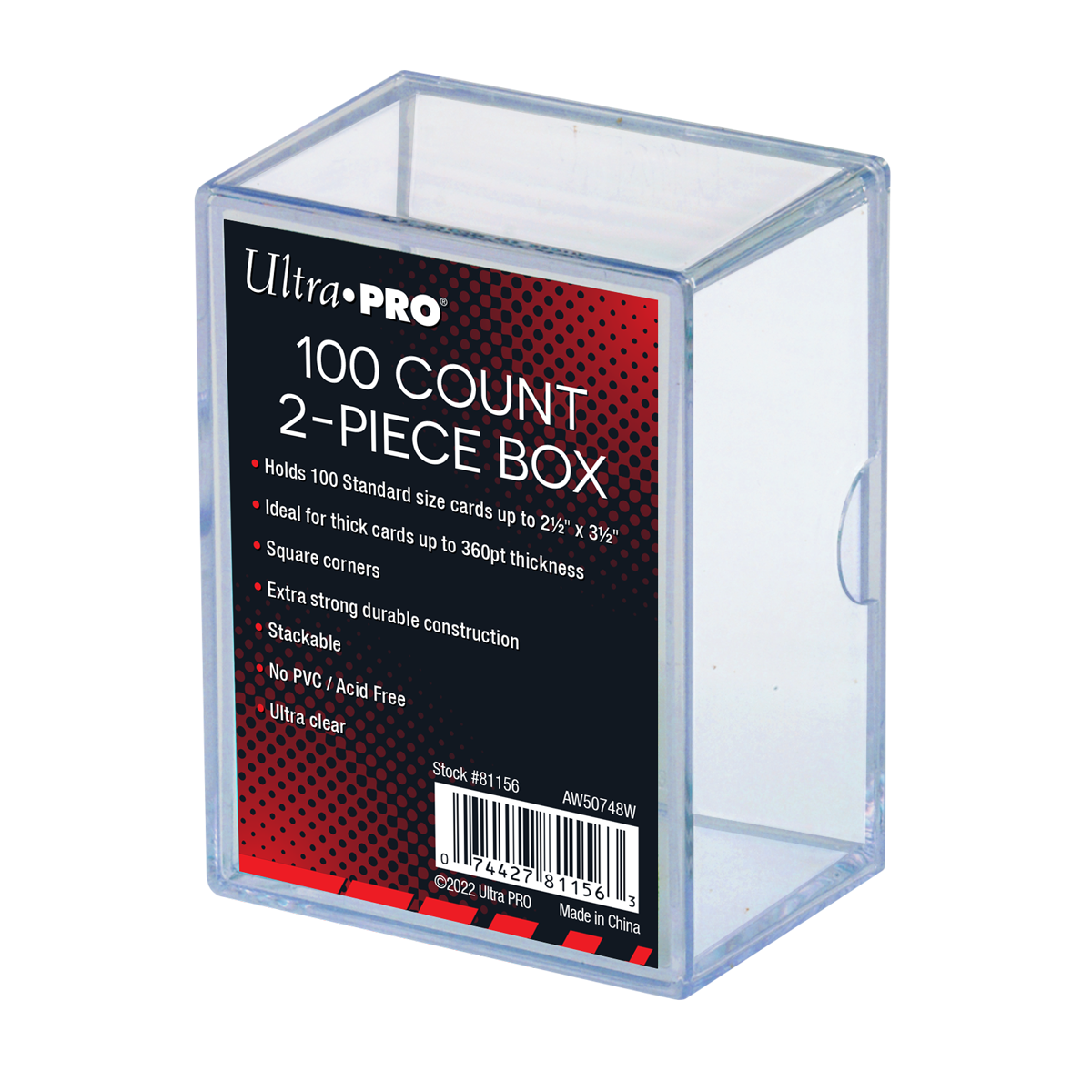 A clear 2-piece 100-count card storage box. Brand: Ultra PRO, Item: 100 Count 2-Piece Box.