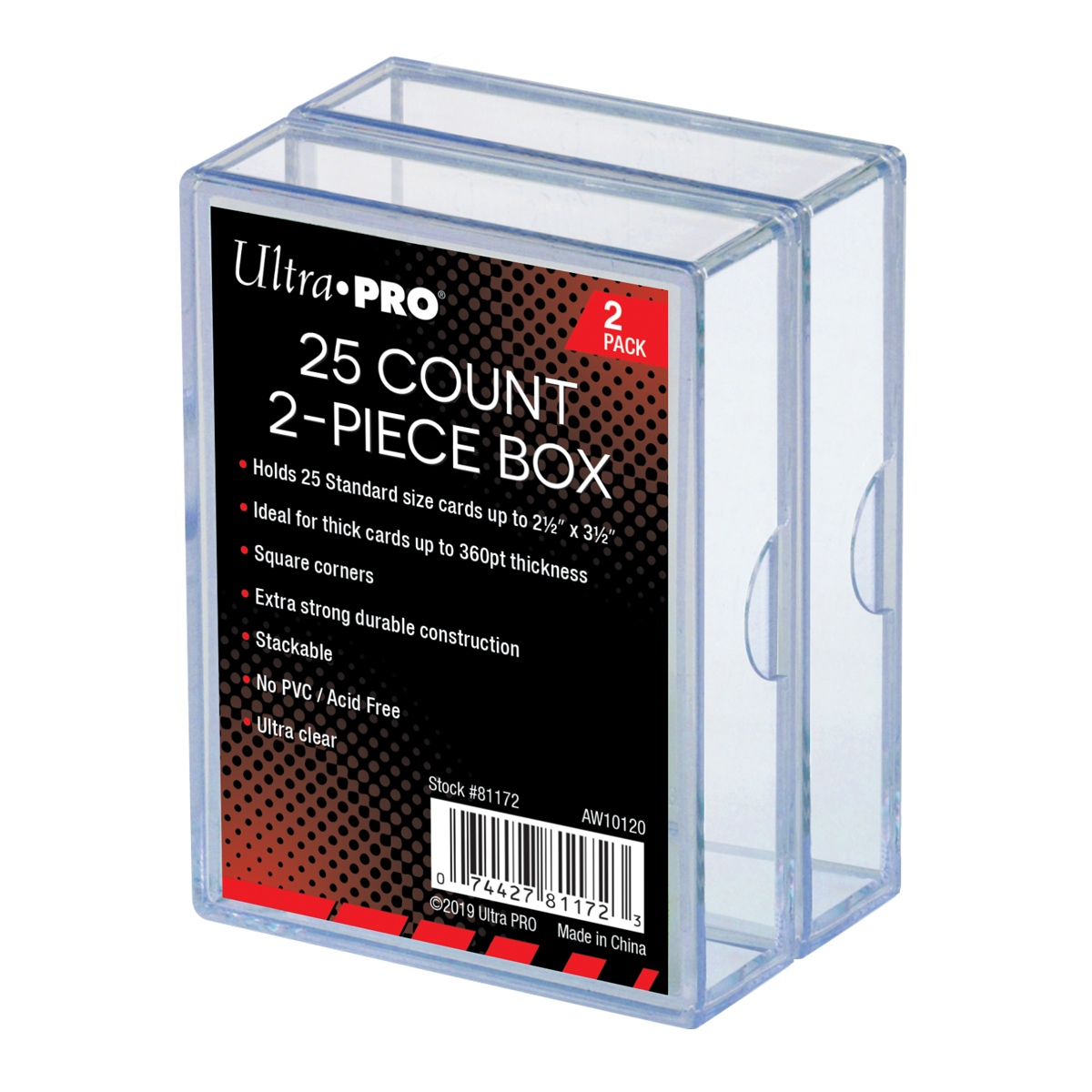 A clear 2-piece 25-count card storage box. Brand: Ultra PRO, Item: 2-Piece 25-Count Clear Card Storage Boxes (2ct)
