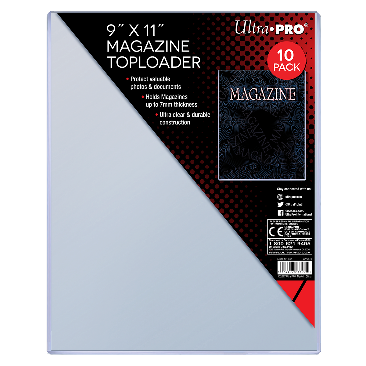 A clear 9" x 11" Magazine Toploader Sleeves (10 Pack). Brand: Ultra PRO, Item: Magazine Toploader.