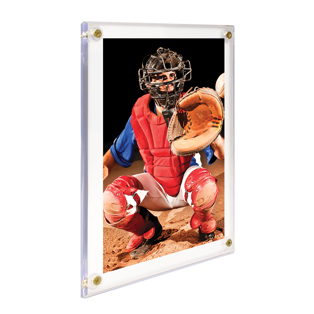 A clear acrylic 5" x 7" screwdown holder for baseball cards.