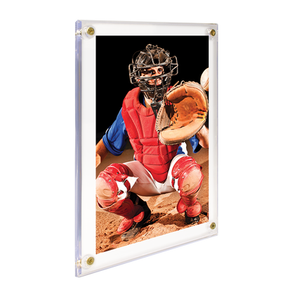A clear acrylic 5" x 7" screwdown holder for baseball cards.