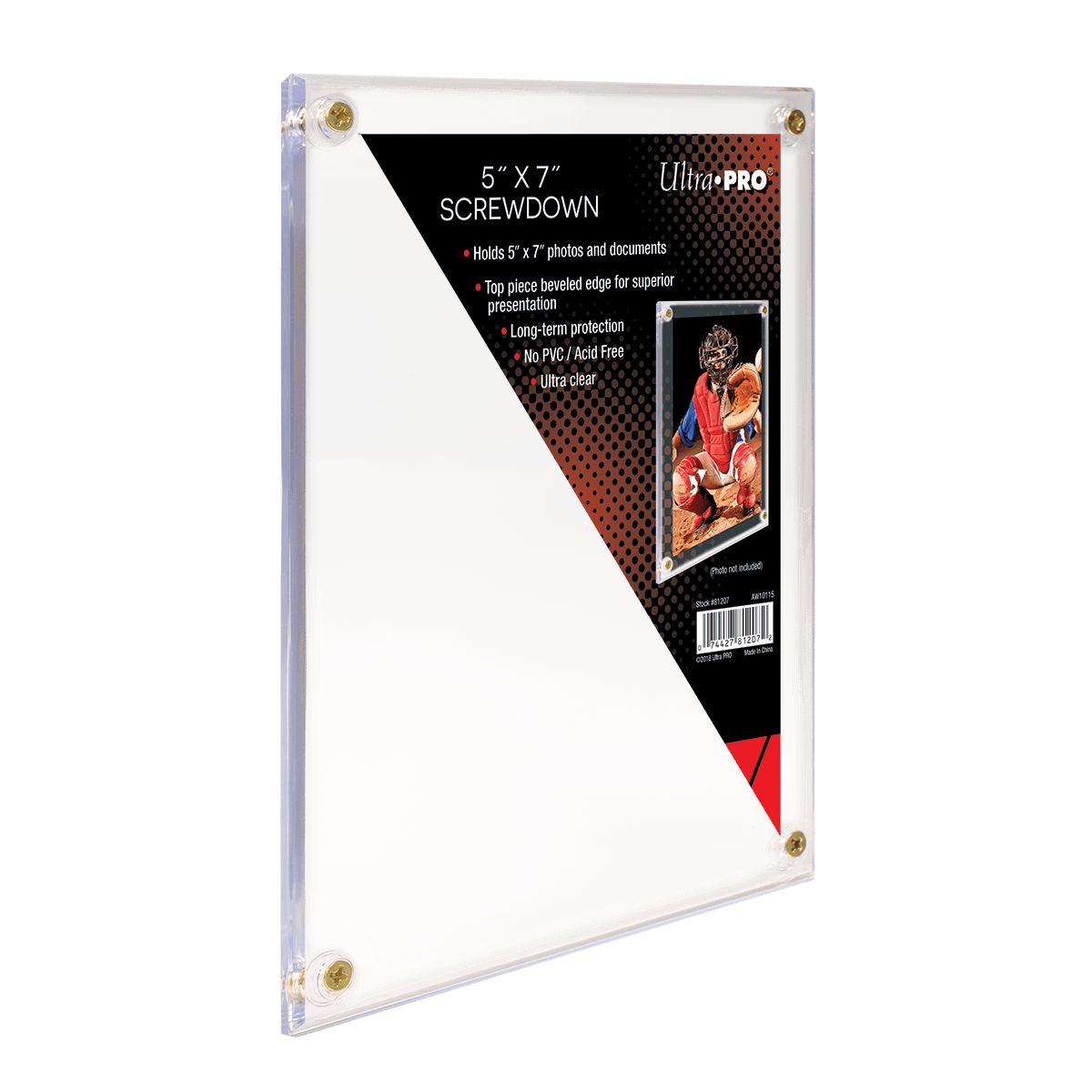 A clear acrylic 5" x 7" Screwdown Holder for photos and documents. Brand: Ultra PRO, Item: 5" x 7" Screwdown Holder.