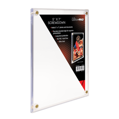 A clear acrylic 5" x 7" Screwdown Holder for photos and documents. Brand: Ultra PRO, Item: 5" x 7" Screwdown Holder.