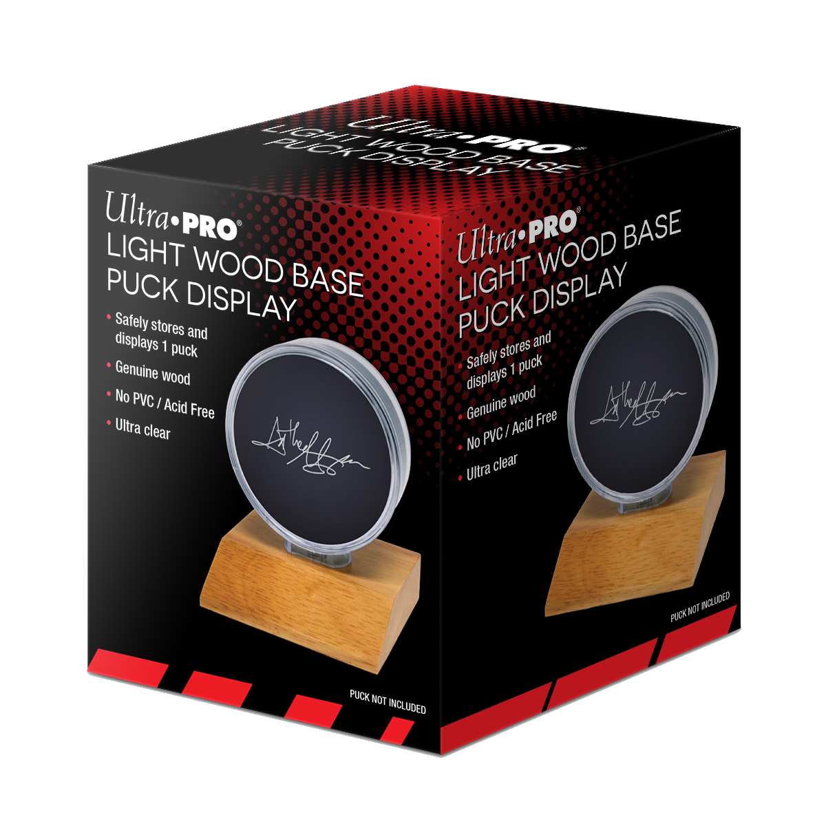 A Light Wood Hockey Puck Display Holder. Brand: Ultra PRO, Item: Hockey Puck Light Wood Base Display Holder.