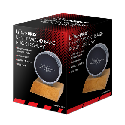 A Light Wood Hockey Puck Display Holder. Brand: Ultra PRO, Item: Hockey Puck Light Wood Base Display Holder.