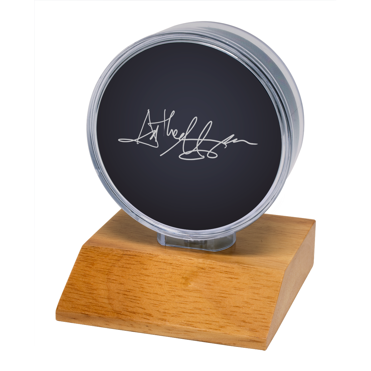 A Hockey Puck Light Wood Base Display Holder. Brand: nan, Item: Hockey Puck Light Wood Base Display Holder.