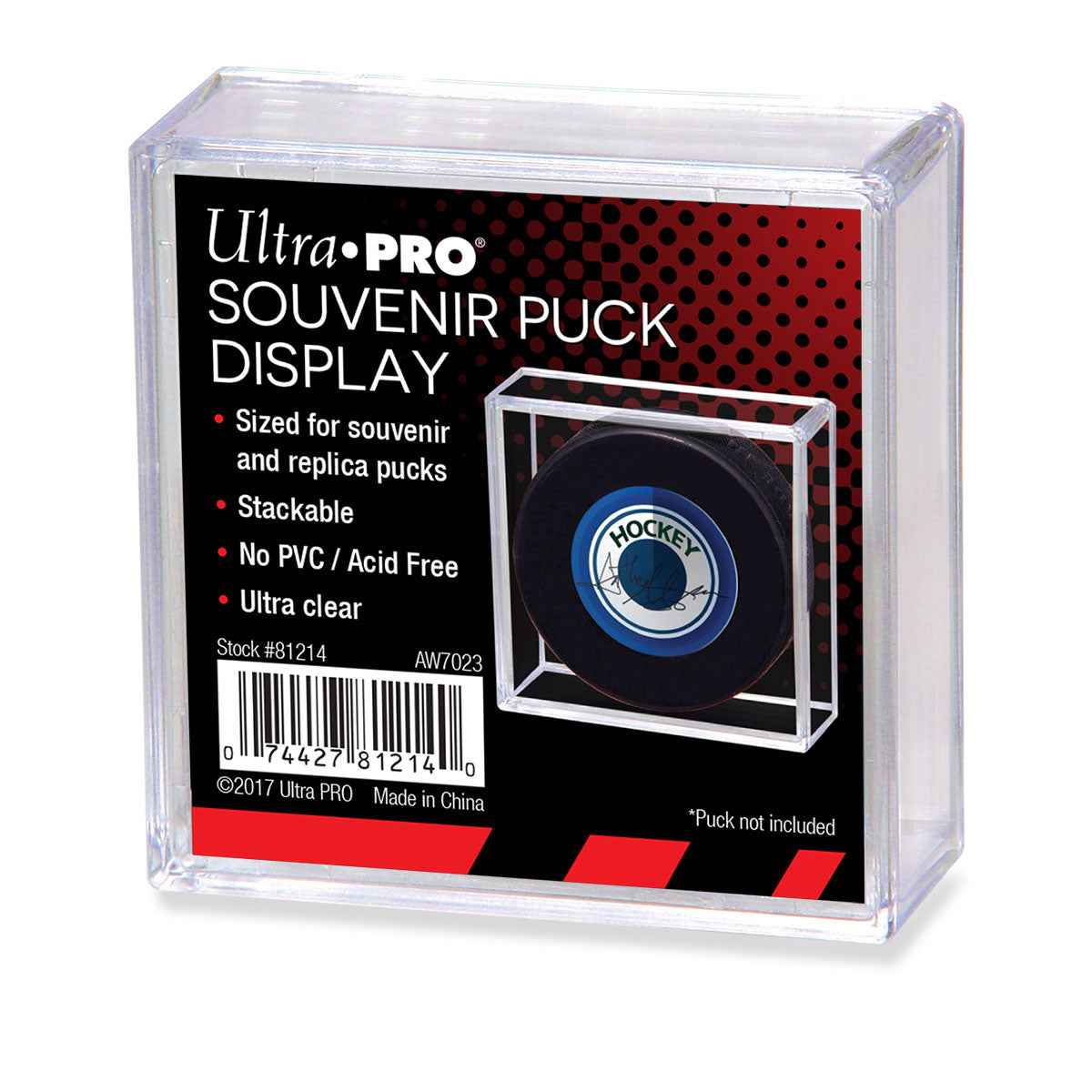 A clear plastic hockey puck souvenir display holder. Brand: Ultra PRO, Item: Souvenir Puck Display.