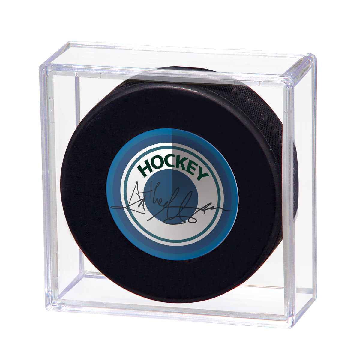A clear acrylic display holder for a hockey puck. Brand: Ultra PRO, Item: Hockey Puck Souvenir Display Holder.