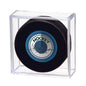 A clear acrylic display holder for a hockey puck. Brand: Ultra PRO, Item: Hockey Puck Souvenir Display Holder.