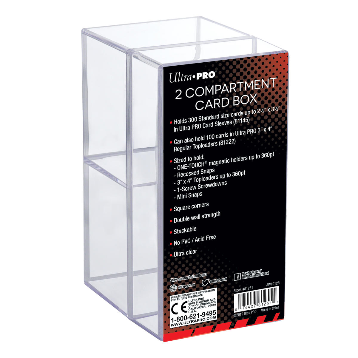 A clear 2-compartment card box. Brand: Ultra PRO, Item: 2-Piece 2-Compartment Clear Card Box