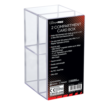 A clear 2-compartment card box. Brand: Ultra PRO, Item: 2-Piece 2-Compartment Clear Card Box