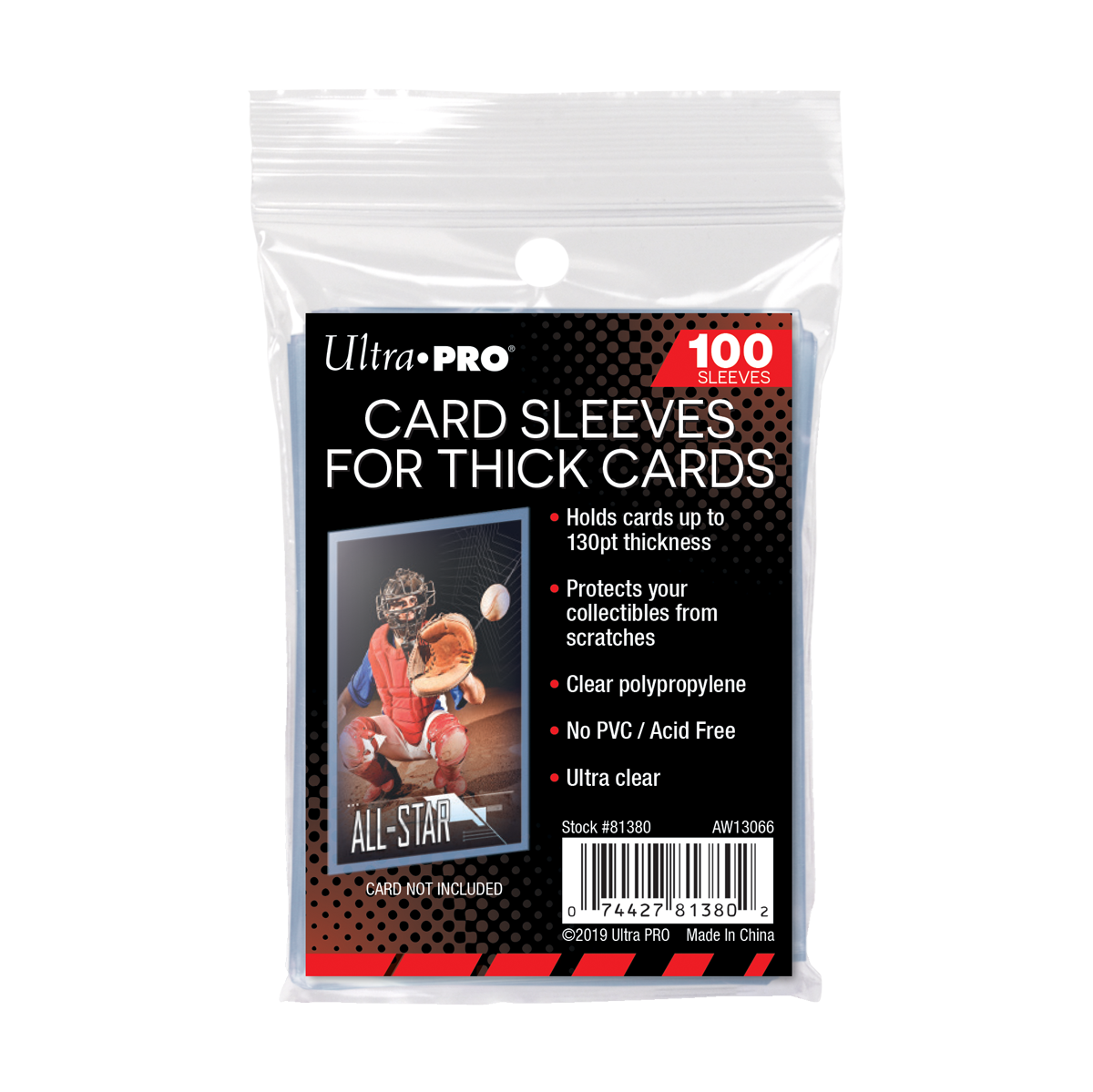 A clear plastic pack of 100 Ultra PRO Card Sleeves for Thick Cards. Brand: Ultra PRO, Item: 130PT Thick Card Sleeves for Standard Size Cards.