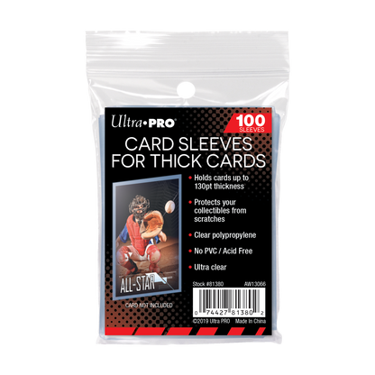 A clear plastic pack of 100 Ultra PRO Card Sleeves for Thick Cards. Brand: Ultra PRO, Item: 130PT Thick Card Sleeves for Standard Size Cards.